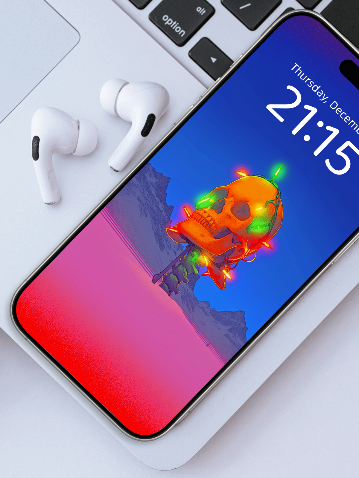 Neon Skull Beacon in the Snow – Dark Art Wallpaper – wallpaper frame mockup by Soulkeeper2099