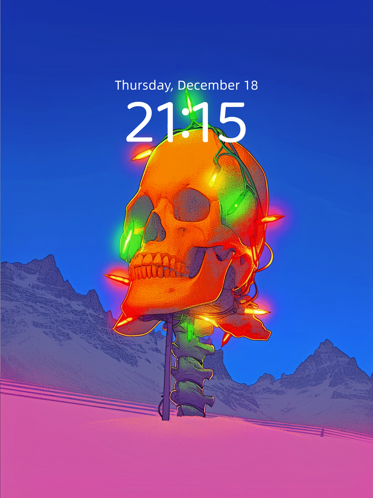 Neon Skull Beacon in the Snow – Dark Art Wallpaper – wallpaper detail view by Soulkeeper2099