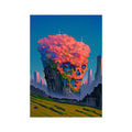 Floral Skull Over the Ruined City – Neon Cyberpunk Art – Hahnemühle Photo Rag Print by Soulkeeper2099