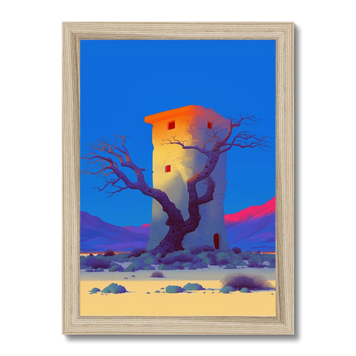 Der verdrehte Baum neben dem einsamen Turm — Gerahmter Druck – Dunkle Kunst – Rahmenmockup by Soulkeeper2099