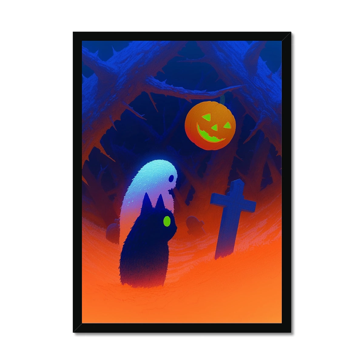 Ghostly white spirit peers down at a black cat with a glowing green eye beneath a grinning jack-o'-lantern hanging from thorny branches, a cross nearby on a blue-to-orange backdrop; eerie, mythic, black frame.