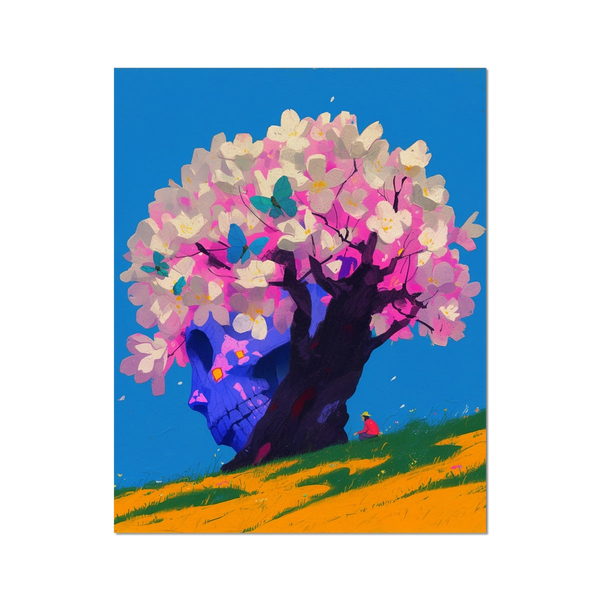 Giant blue skull-shaped tree trunk crowned with pink-and-white blossoms and teal butterflies, a tiny figure resting beneath on a golden-green hillside; dreamlike, unframed Hahnemühle print.