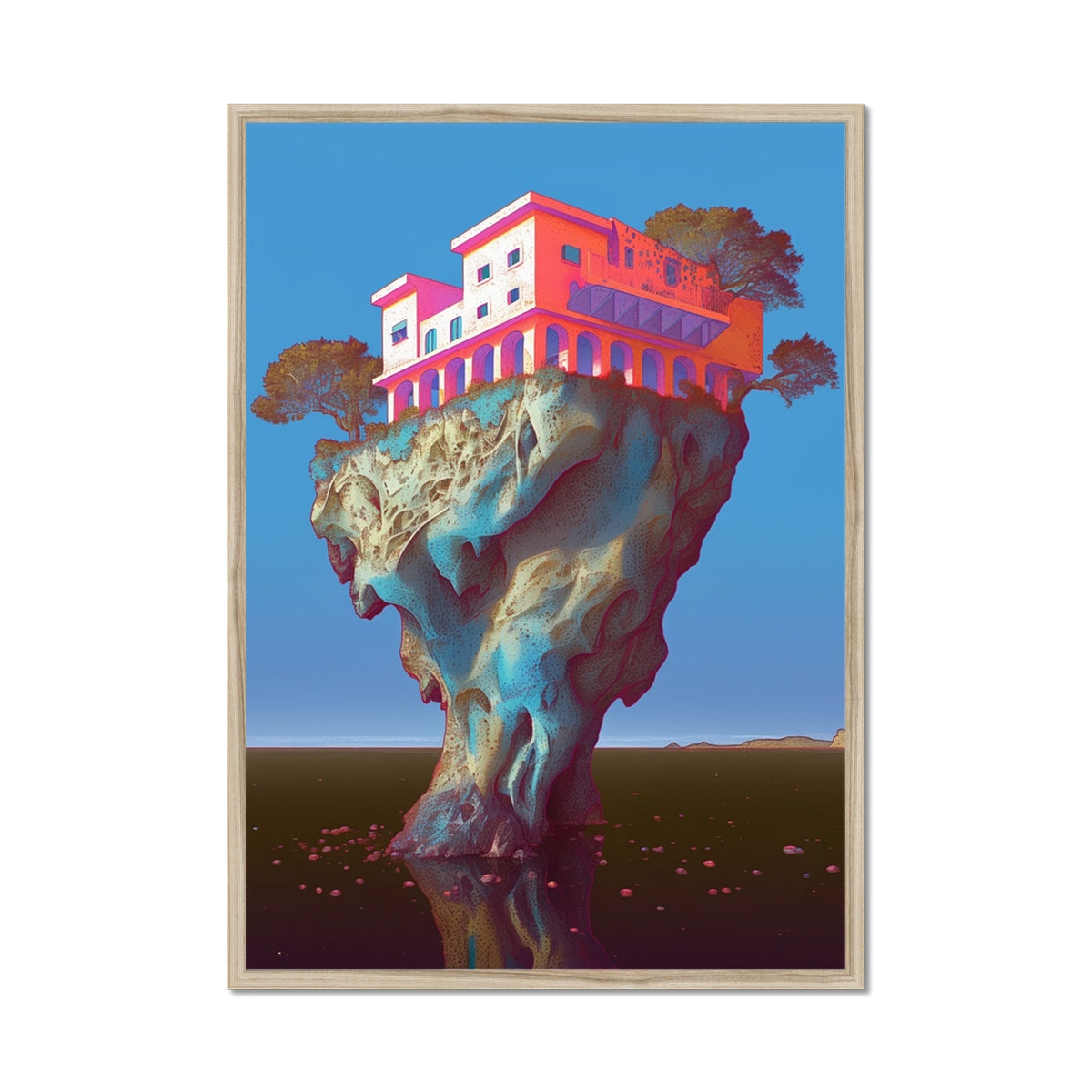 Coral-pink Mediterranean villa with arched colonnades perched atop a bone-white eroded rock pillar over dark – natural wood framed art print by Soulkeeper2099.