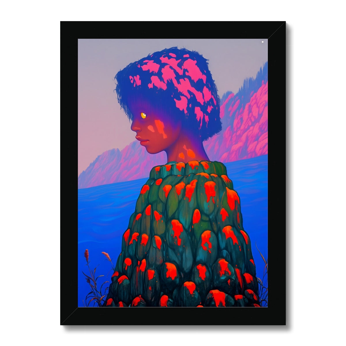 The Quiet Glow by the Cliffs – Surreal Portrait Print – Framed Print by Soulkeeper2099