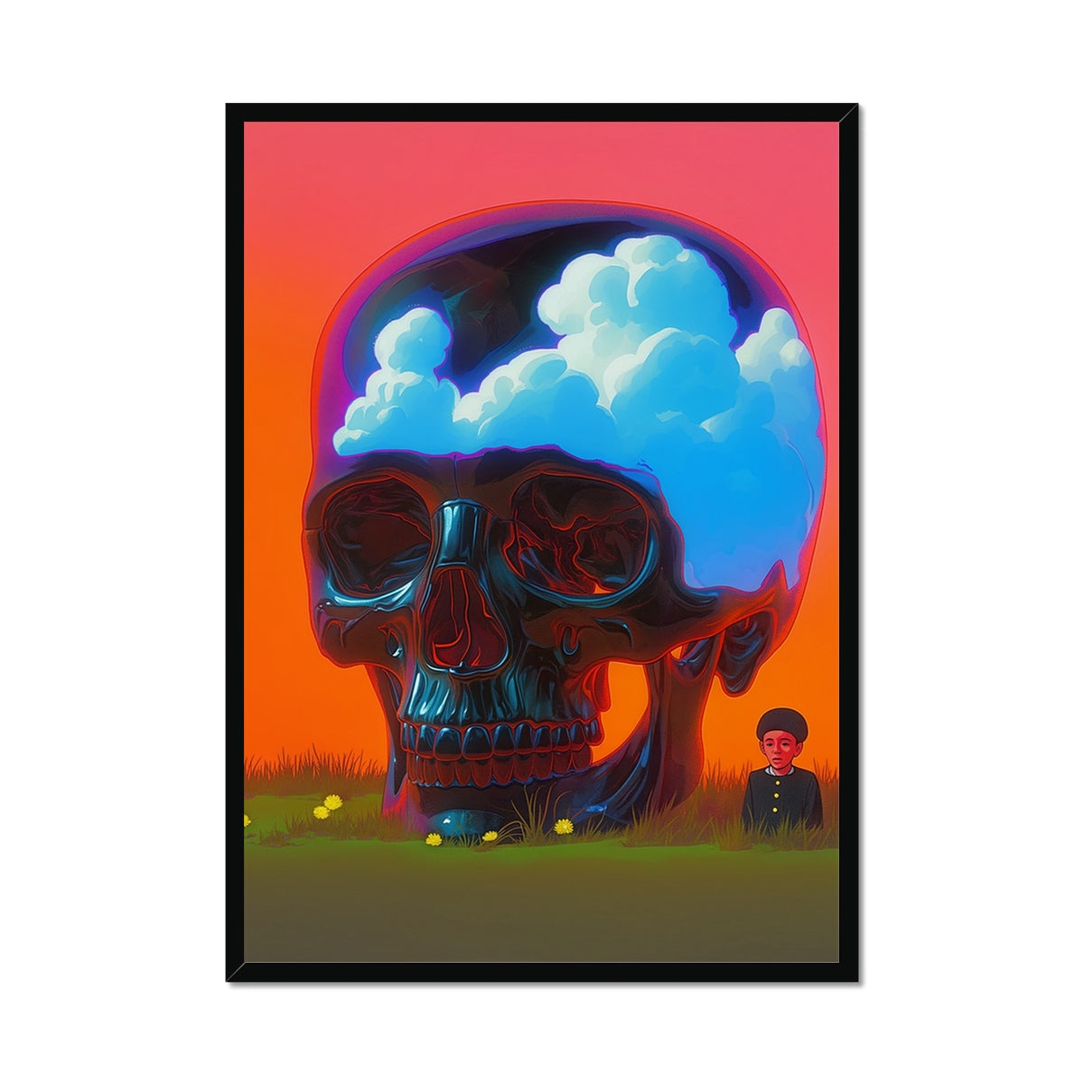 Cloud Skull in the Field – Neon Cyberpunk Art – Framed Print by Soulkeeper2099