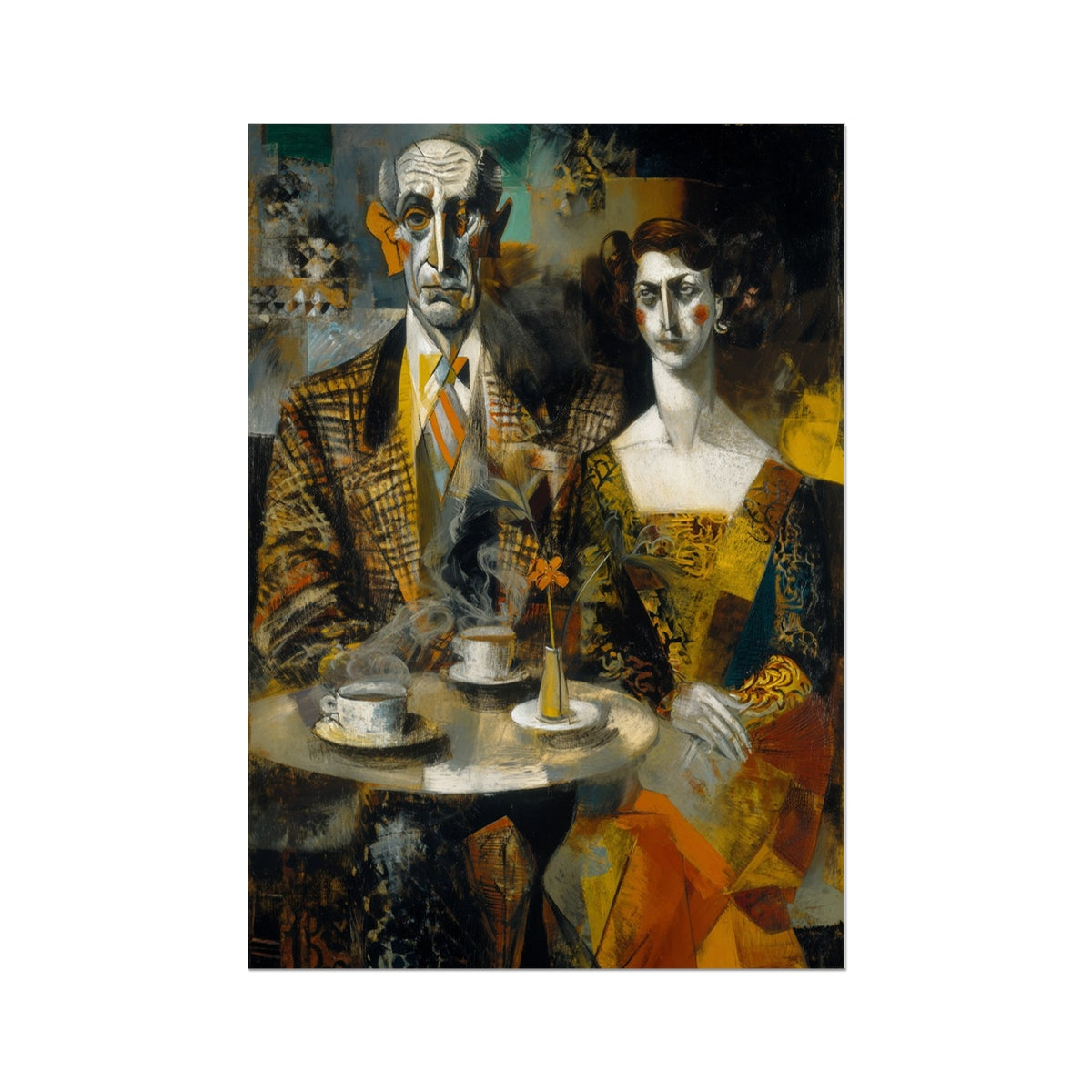 The Breakfast Trial of Old Companions – Surreal Portrait Art – German Etching Print by Soulkeeper2099
