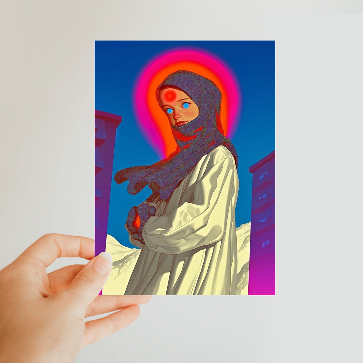 Neon Saint of the Apartment Blocks Classic Postcard – Neon Surrealism – Art Print detail view by Soulkeeper2099