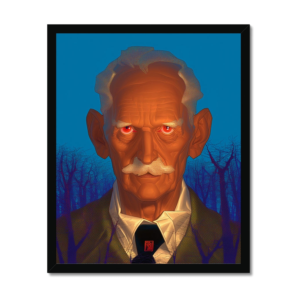 Weathered elderly man with glowing red eyes and a bushy white mustache against a deep blue night sky – black framed art print by Soulkeeper2099.
