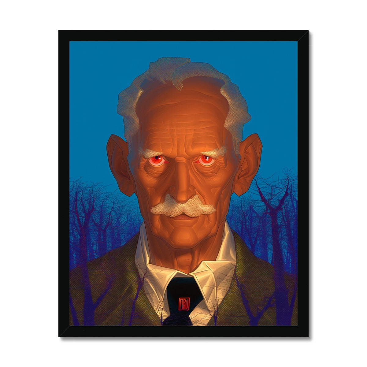 Weathered elderly man with glowing red eyes and a bushy white mustache against a deep blue night sky – black framed art print by Soulkeeper2099.