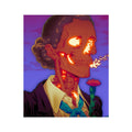 Profile portrait of a woman with glowing ember-cracked skin revealing fire within, curly upswept hair, holding a single red flower against a purple sky; surreal body-horror, unframed print.