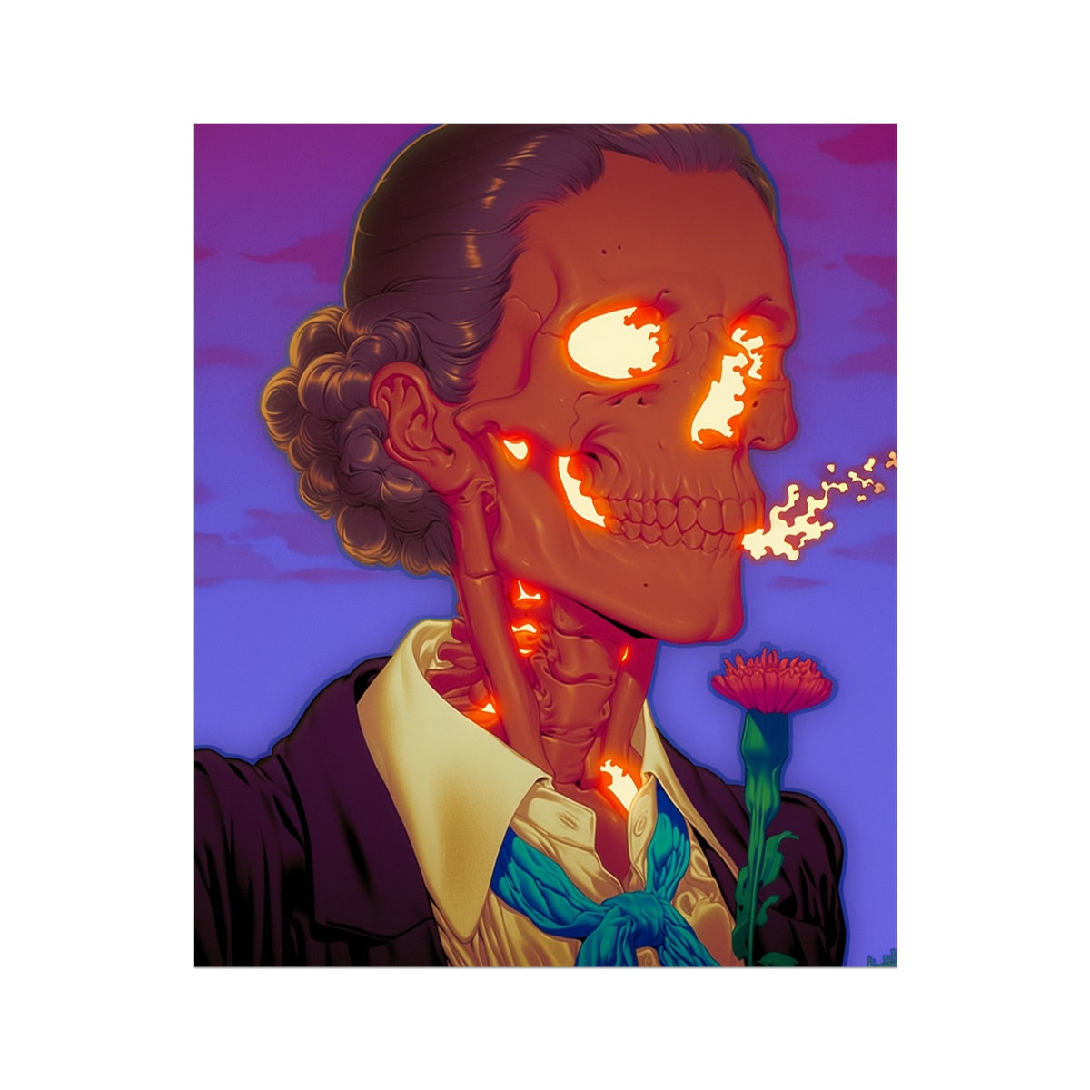 Profile portrait of a woman with glowing ember-cracked skin revealing fire within, curly upswept hair, holding a single red flower against a purple sky; surreal body-horror, unframed print.