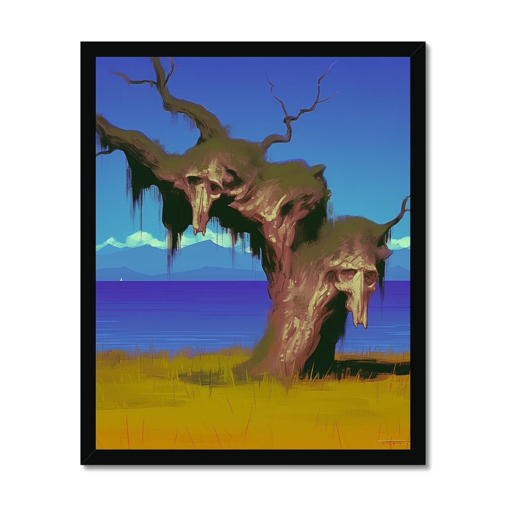 Gnarled tree with two skull-faced knots draped in mossy tendrils, rising above a golden marsh beside a blue coastal bay; dystopian, black frame.