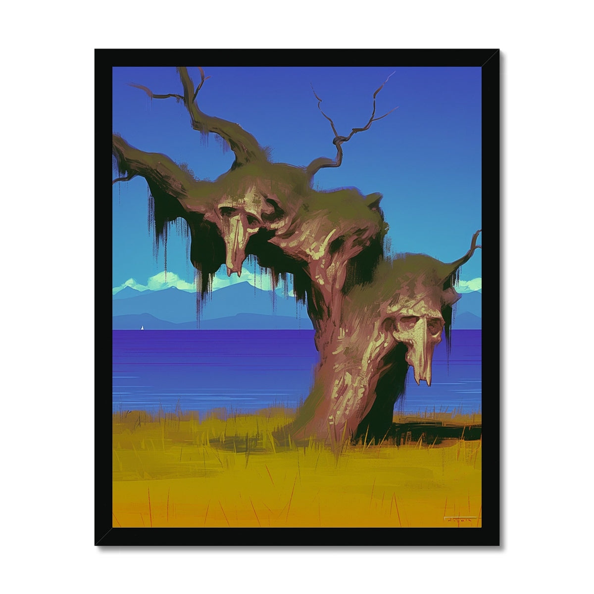 Gnarled tree with two skull-faced knots draped in mossy tendrils, rising above a golden marsh beside a blue coastal bay; dystopian, black frame.