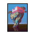 Coral-pink Mediterranean villa with arched colonnades perched atop a bone-white eroded rock pillar over dark reflective water; surreal dreamlike, black frame.