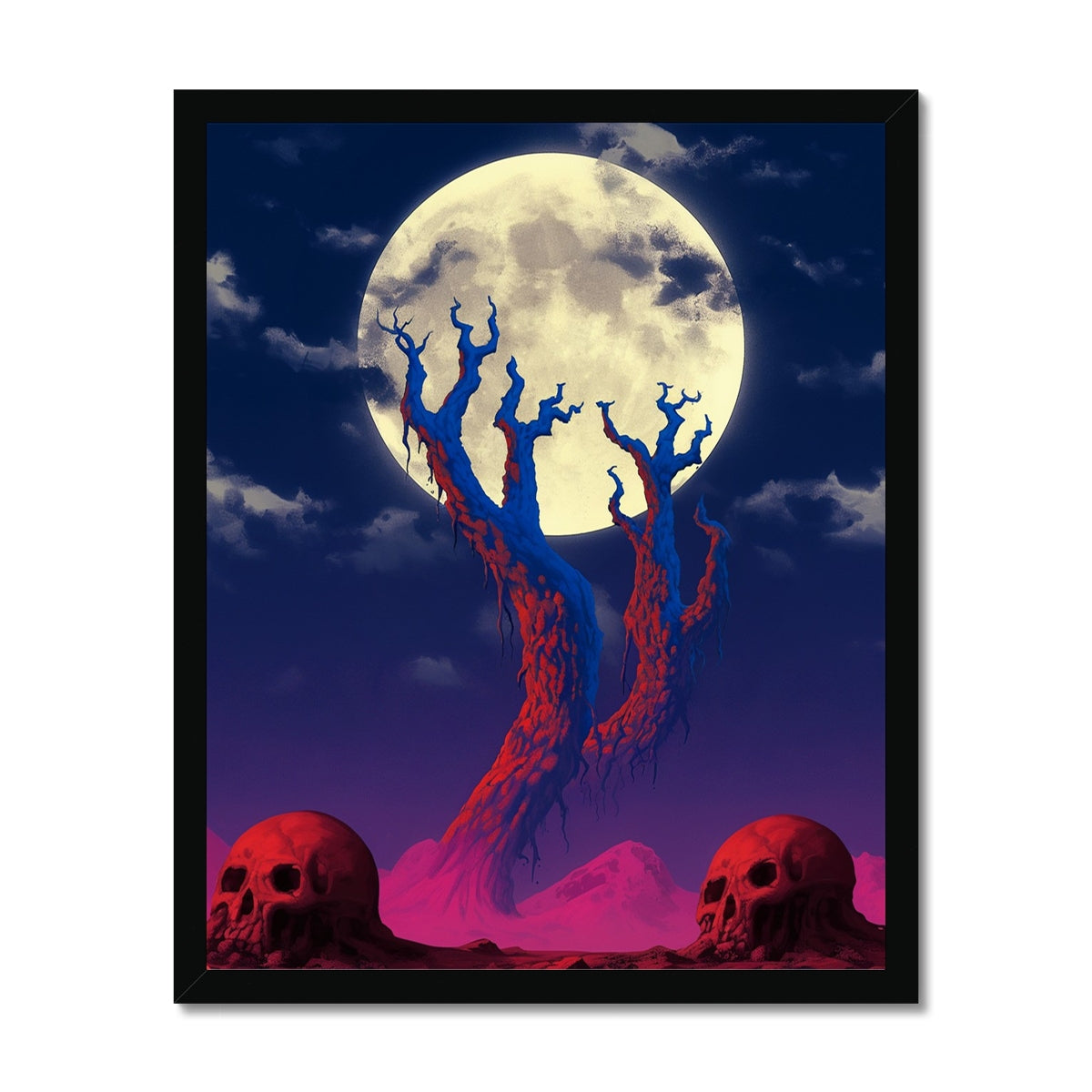 Gnarled twisted tree before a giant full moon, flanked by two large skulls on misty ground; surreal, eerie art, black frame.