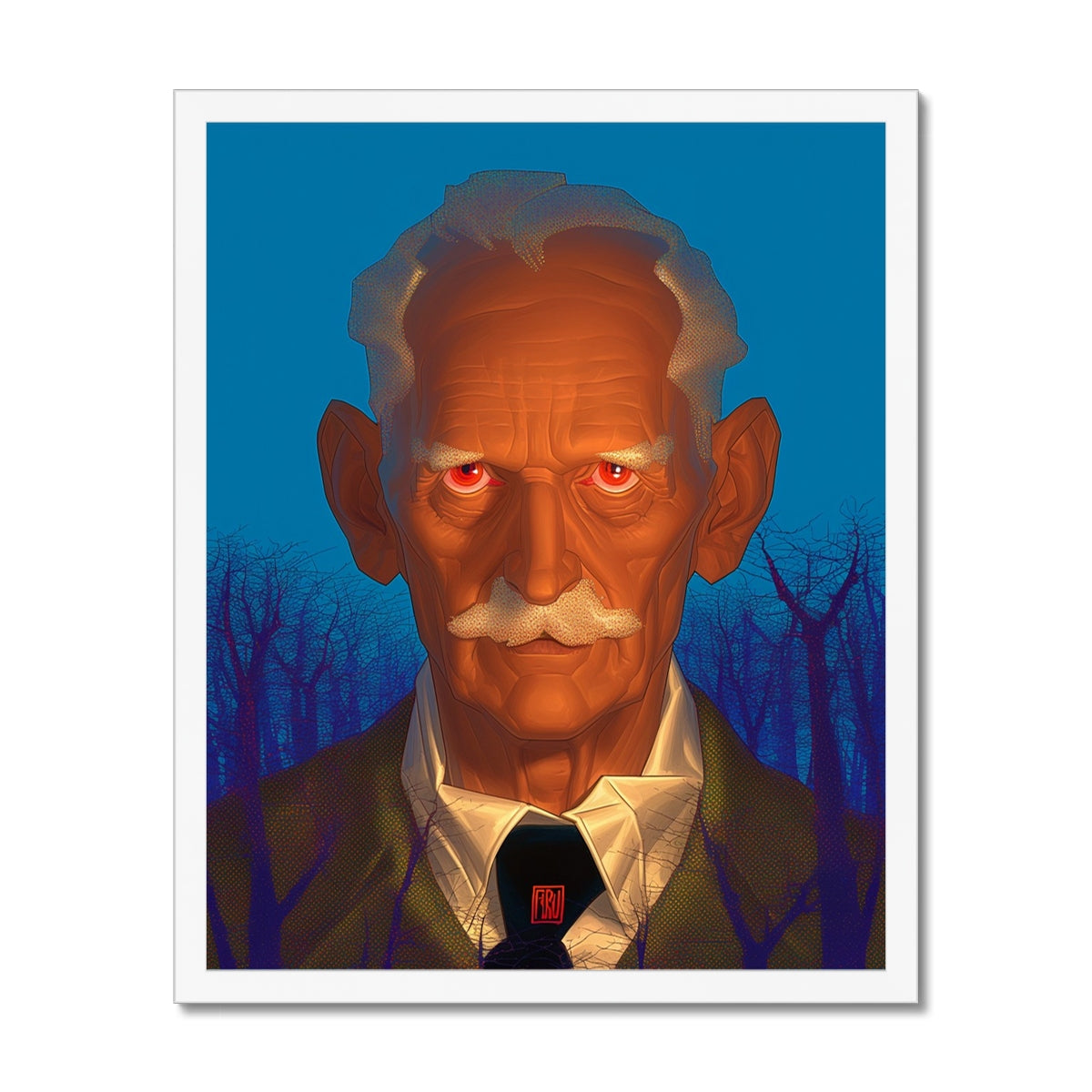 Weathered elderly man with glowing red eyes and a bushy white mustache against a deep blue night sky – white framed art print by Soulkeeper2099.