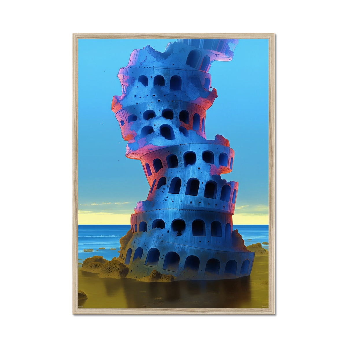 Echoes of the Blue Tower – Neon Surrealism – Framed Print detail view by Soulkeeper2099