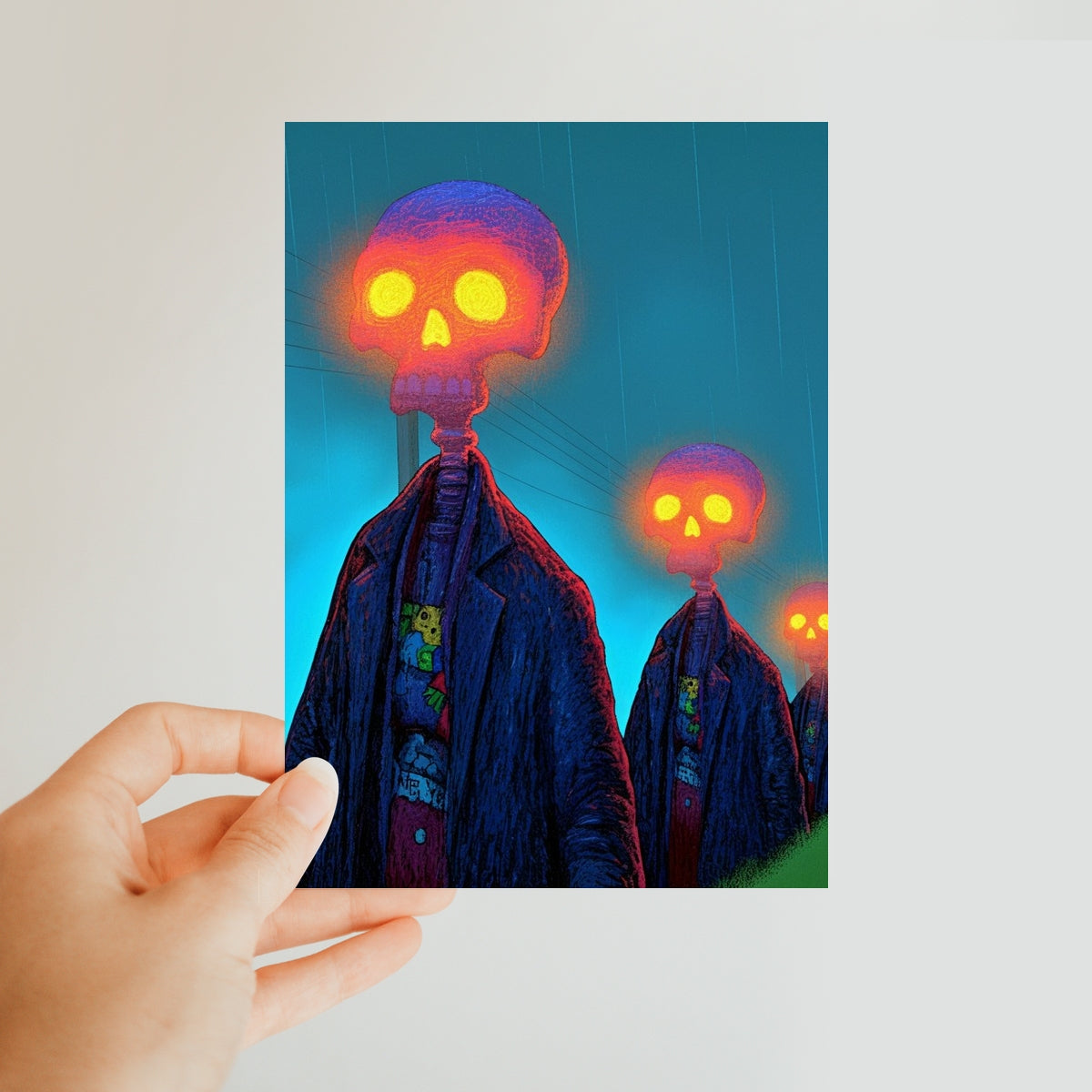 The Skull Parade in the Rain Classic Postcard – Neon Surrealism – Art Print detail view by Soulkeeper2099