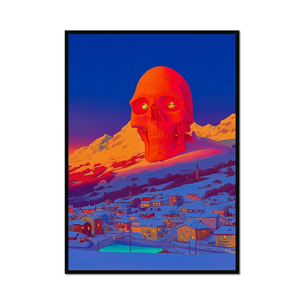 Skull Rising Over the Snow Town – Neon Cyberpunk Art – Framed Print by Soulkeeper2099