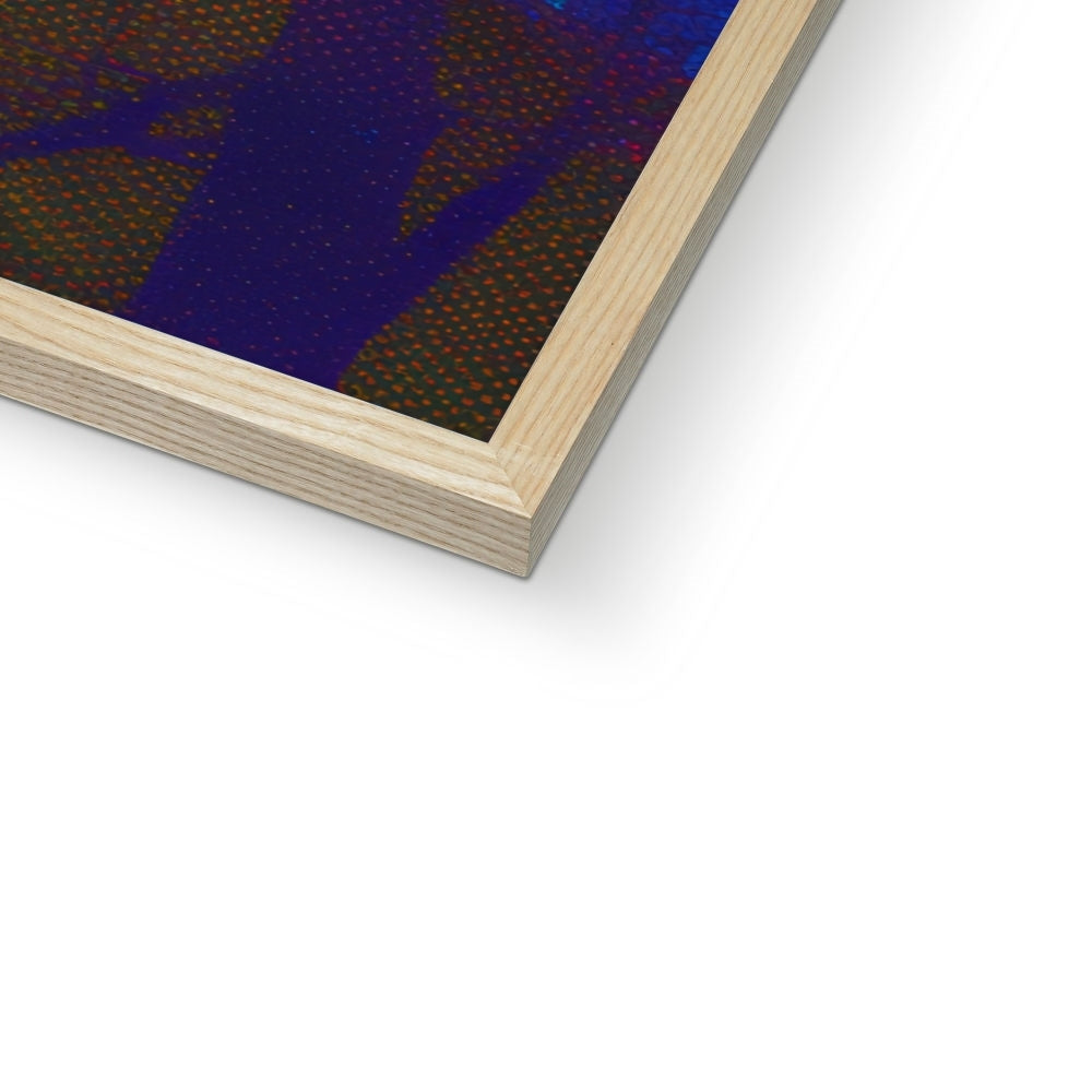 Corner detail of the natural wood frame and white mat on “The Red-Eyed Keeper” – Soulkeeper2099 framed art print.