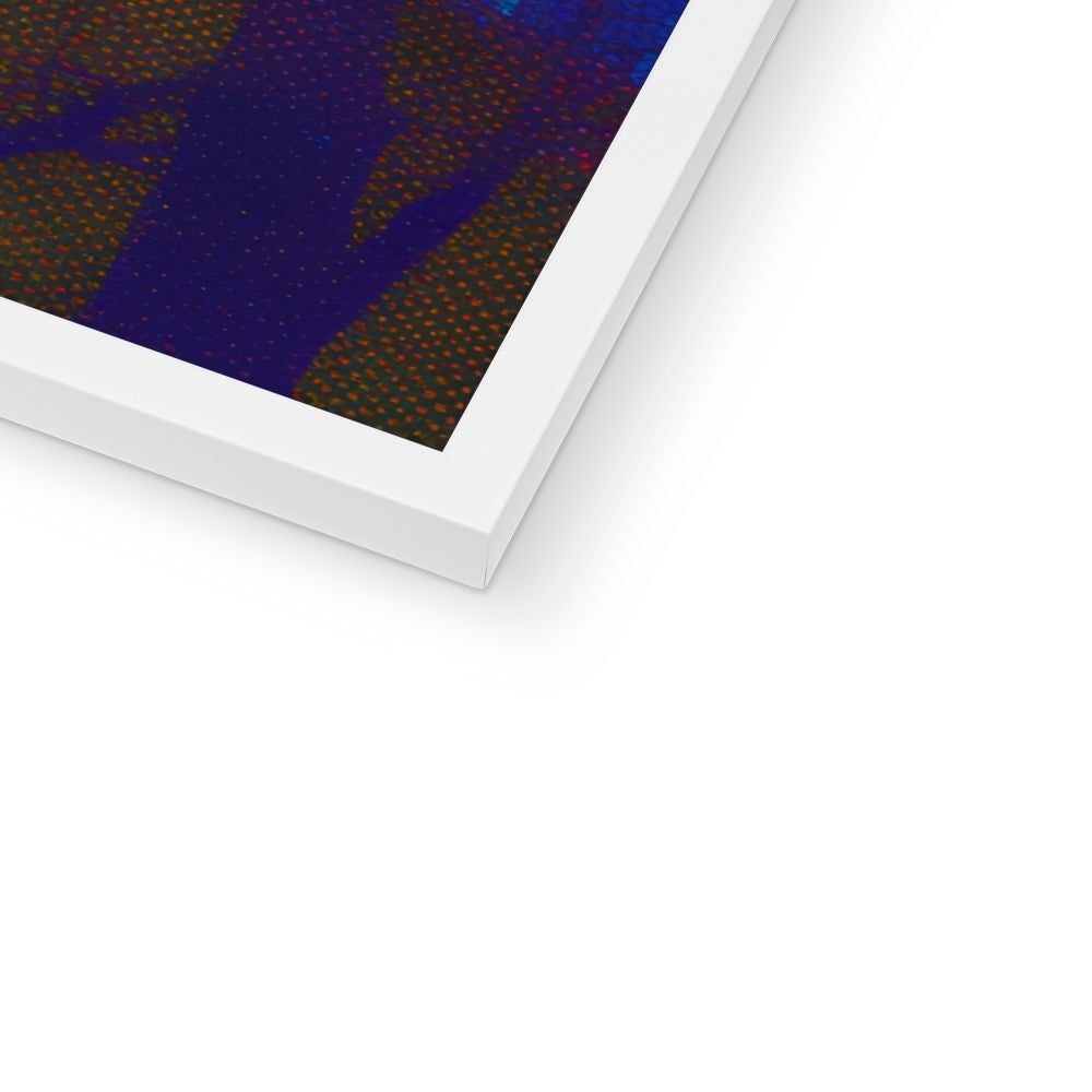 Corner detail of the white frame and white mat on “The Red-Eyed Keeper” – Soulkeeper2099 framed art print.