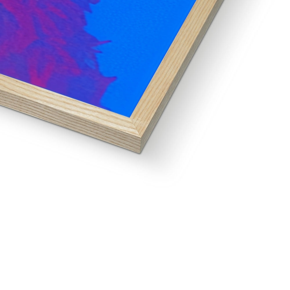 Corner detail of the natural wood frame and white mat on “The Neon Smoke Wanderer” – Soulkeeper2099 framed art print.