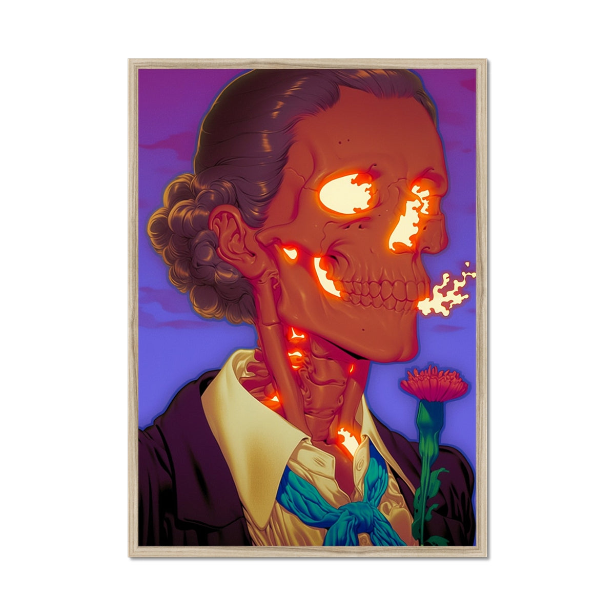 Profile portrait of a woman with glowing ember-cracked skin revealing fire within, curly upswept hair – natural wood framed art print by Soulkeeper2099.