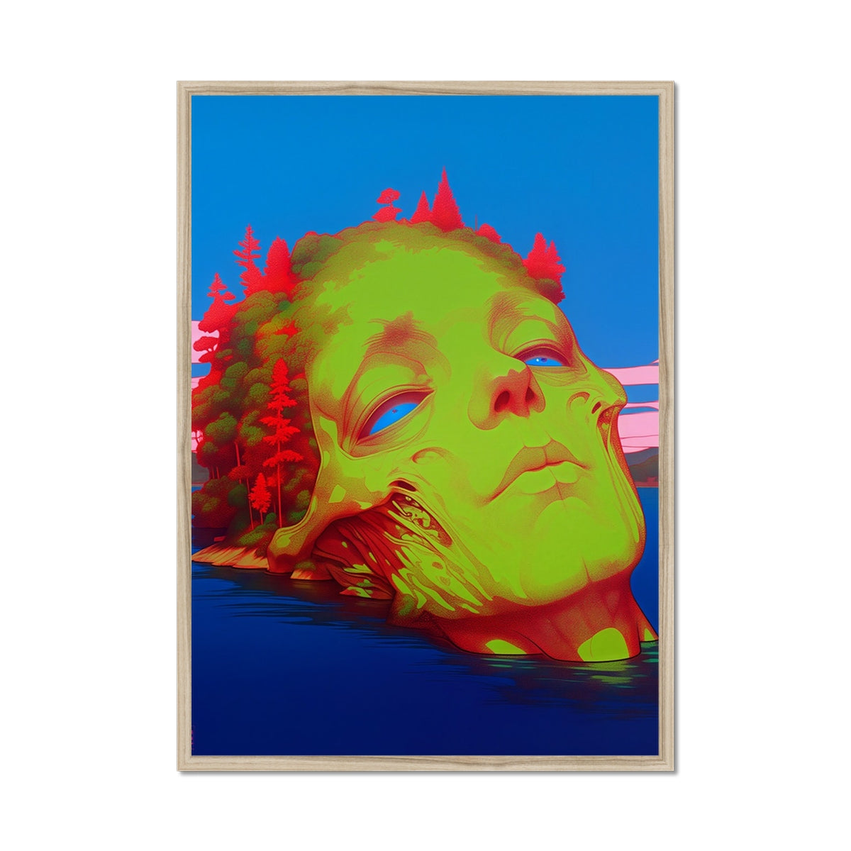 The Island of the Drowned Green Face – Neon Surrealism – Framed Print detail view by Soulkeeper2099