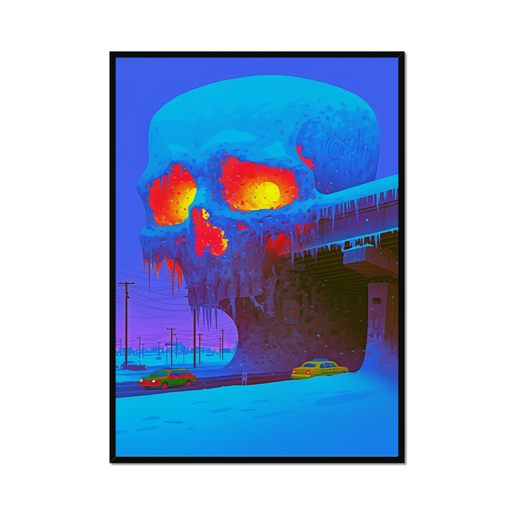 Gefrorener Überführungsschädel — Gerahmter Druck – Neon-Cyberpunk-Kunst by Soulkeeper2099