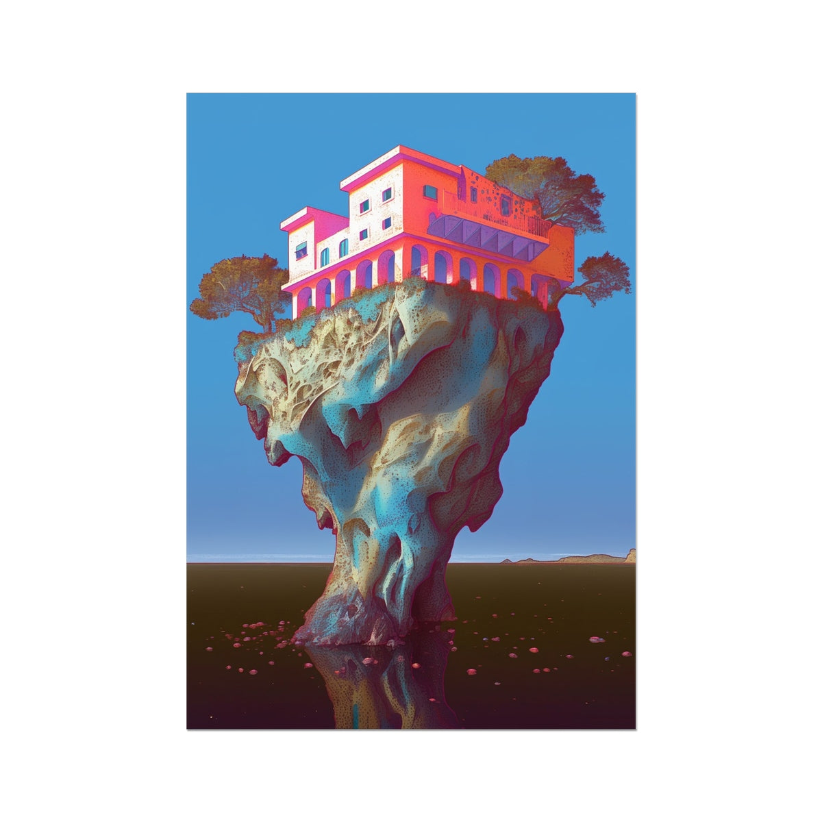 Coral-pink Mediterranean villa with an arched colonnade perched atop a bone-white eroded rock pillar rising from dark reflective water; surreal dreamlike, unframed print.