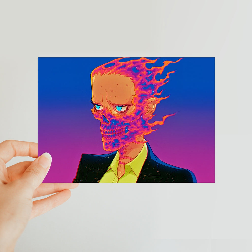 The Burning-Skull Gentleman Classic Postcard – Neon Surrealism – Art Print by Soulkeeper2099