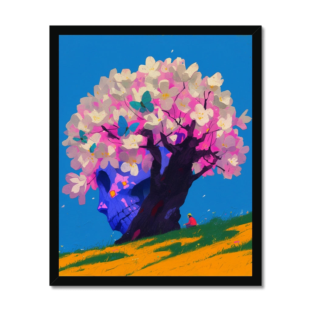 Giant blue skull-shaped tree trunk crowned with pink-and-white blossoms and teal butterflies, a tiny figure resting beneath on a golden-green hillside; dreamlike, black frame.