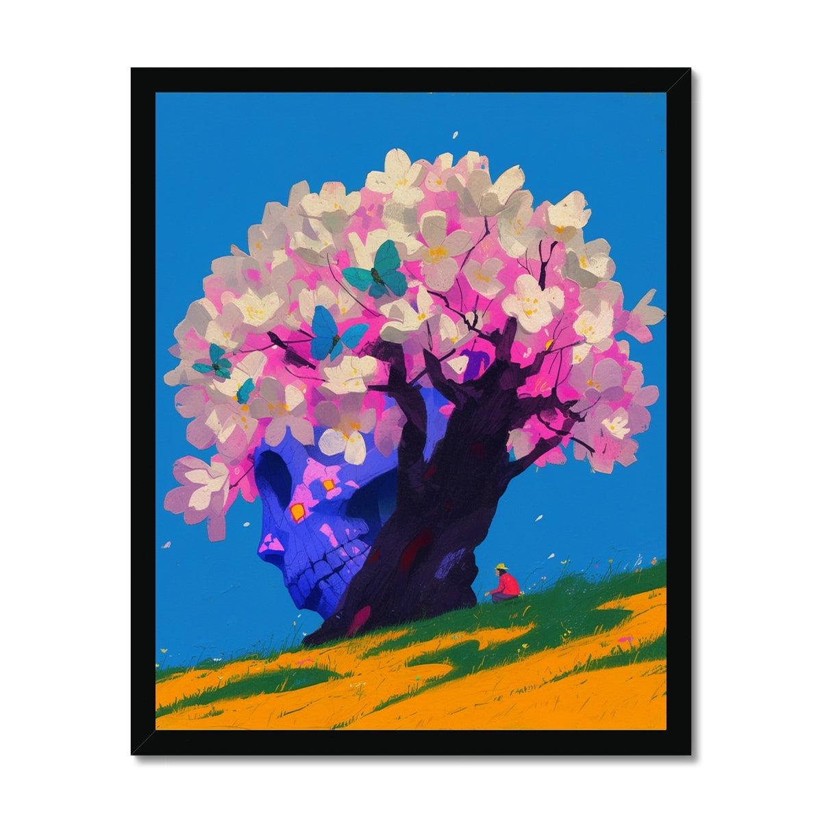 Giant blue skull-shaped tree trunk crowned with pink-and-white blossoms and teal butterflies, a tiny figure resting beneath on a golden-green hillside; dreamlike, black frame.