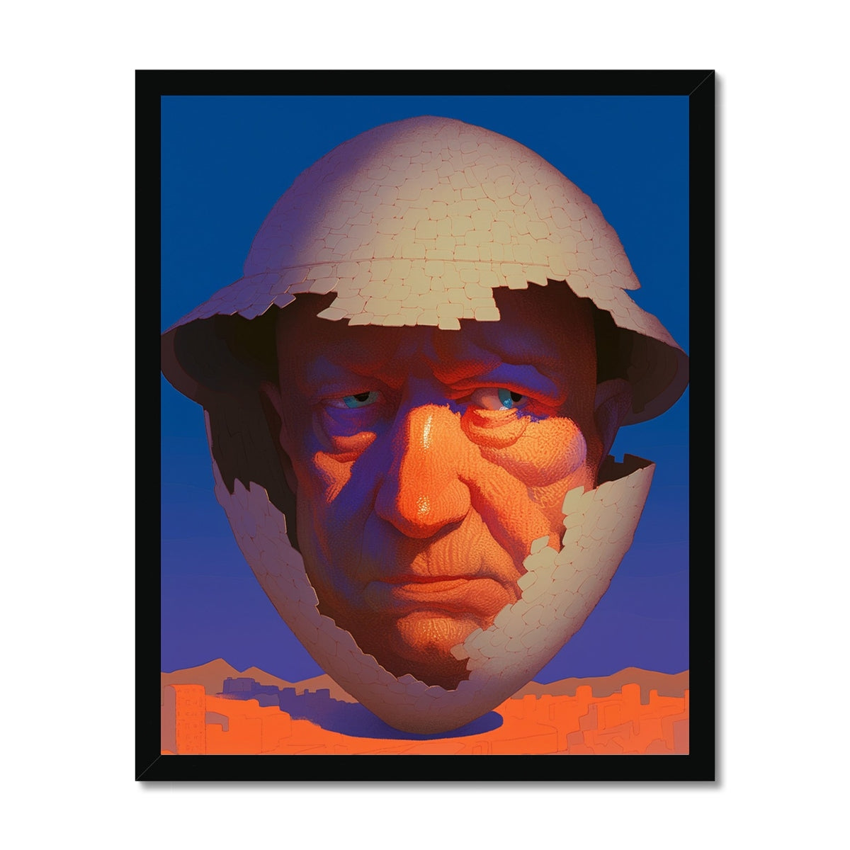 Weathered man's face with piercing blue eyes emerges from a cracked eggshell mask, floating above a distant orange desert cityscape, deep blue sky; surreal, black frame.