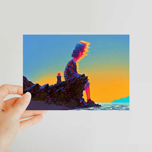 Twilight Beacon on the Broken Cliff Classic Postcard – Neon Surrealism – Art Print by Soulkeeper2099