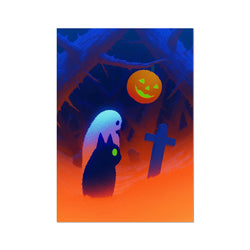 Ghostly white spirit peers down at a black cat with a glowing green eye beneath a grinning jack-o'-lantern hanging from thorny branches, a cross nearby on a blue-to-orange backdrop; eerie, mythic, unframed print.