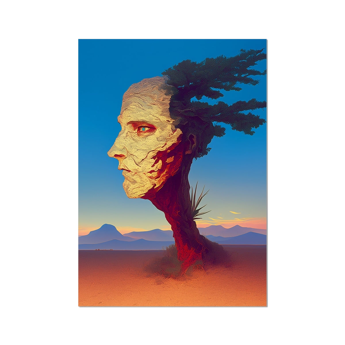 A profile rises from the cracked earth—part tree, part human, part ancient effigy carved by wind and sand – unframed giclée art print by Soulkeeper2099.