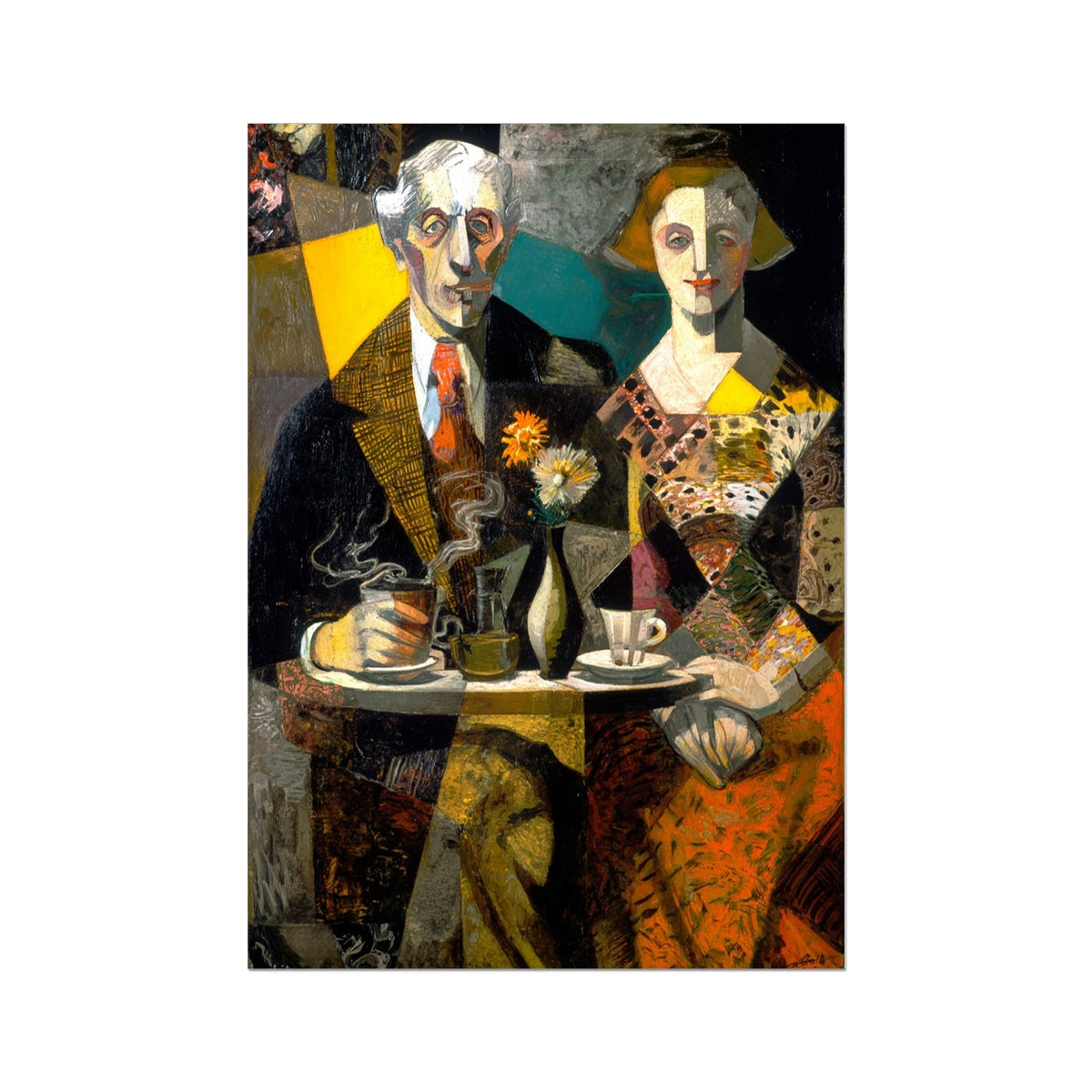 Flowers and Coffee Gone Cold – Surreal Café Art – German Etching Print by Soulkeeper2099