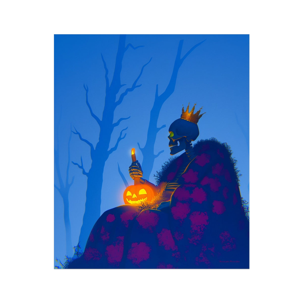 Crowned skeleton king holding a glowing jack-o'-lantern among silhouetted bare trees at dusk; eerie, mythic Halloween art, unframed print.