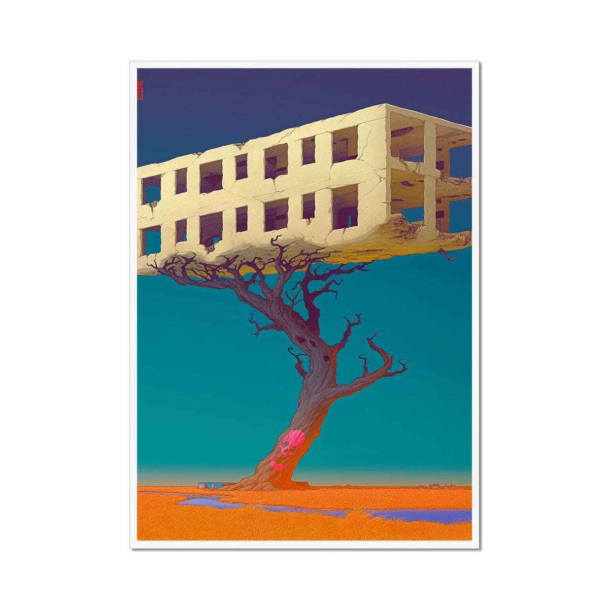 Baum, der Ruinen trägt — Gerahmter Druck – Neon-Cyberpunk-Kunst – Detailansicht by Soulkeeper2099