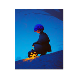 The Last Light We Shared — figure crouching beside a glowing jack-o'-lantern on a blue hillside, part of The 2026 Halloween Suite by Soulkeeper.2099