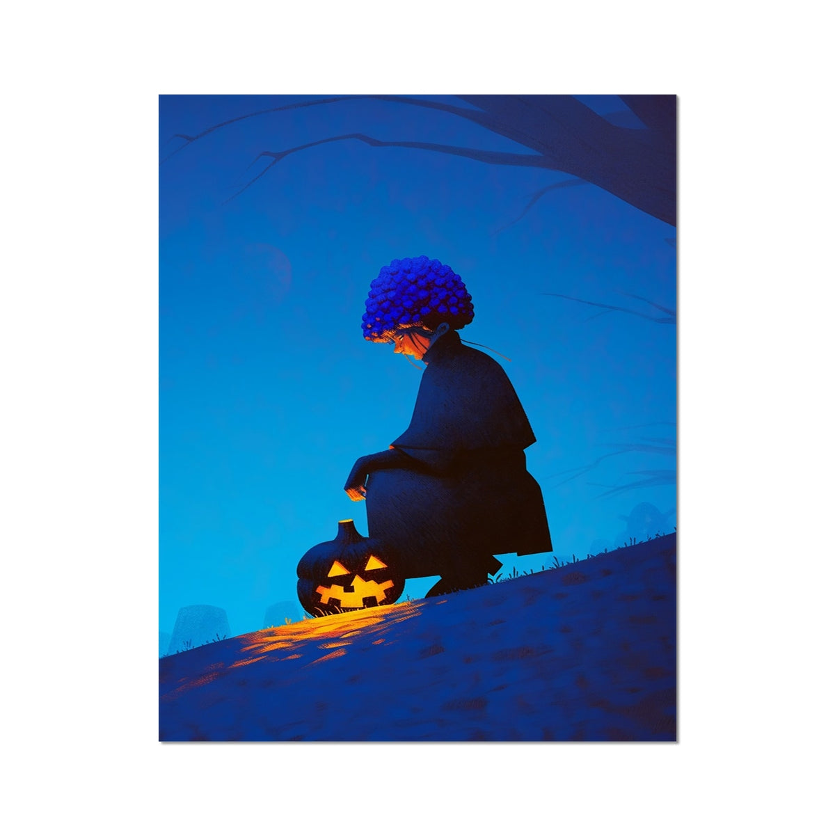 The Last Light We Shared — figure crouching beside a glowing jack-o'-lantern on a blue hillside, part of The 2026 Halloween Suite by Soulkeeper.2099