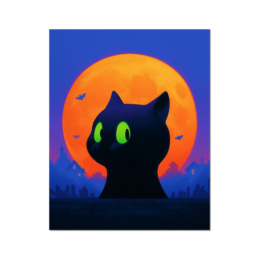 The Moon Has a Secret — black cat silhouette with luminous green eyes before a full orange moon, part of The 2026 Halloween Suite by Soulkeeper.2099