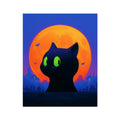The Moon Has a Secret — black cat silhouette with luminous green eyes before a full orange moon, part of The 2026 Halloween Suite by Soulkeeper.2099