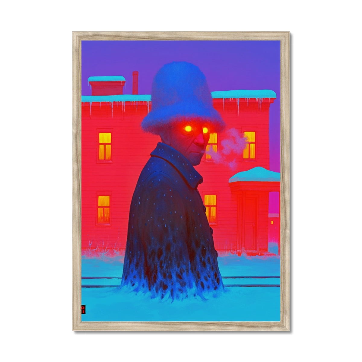 겨울밤의 털모자 산책자 — 액자 프린트 – 초현실 초상화 – 프레임 목업 by Soulkeeper2099
