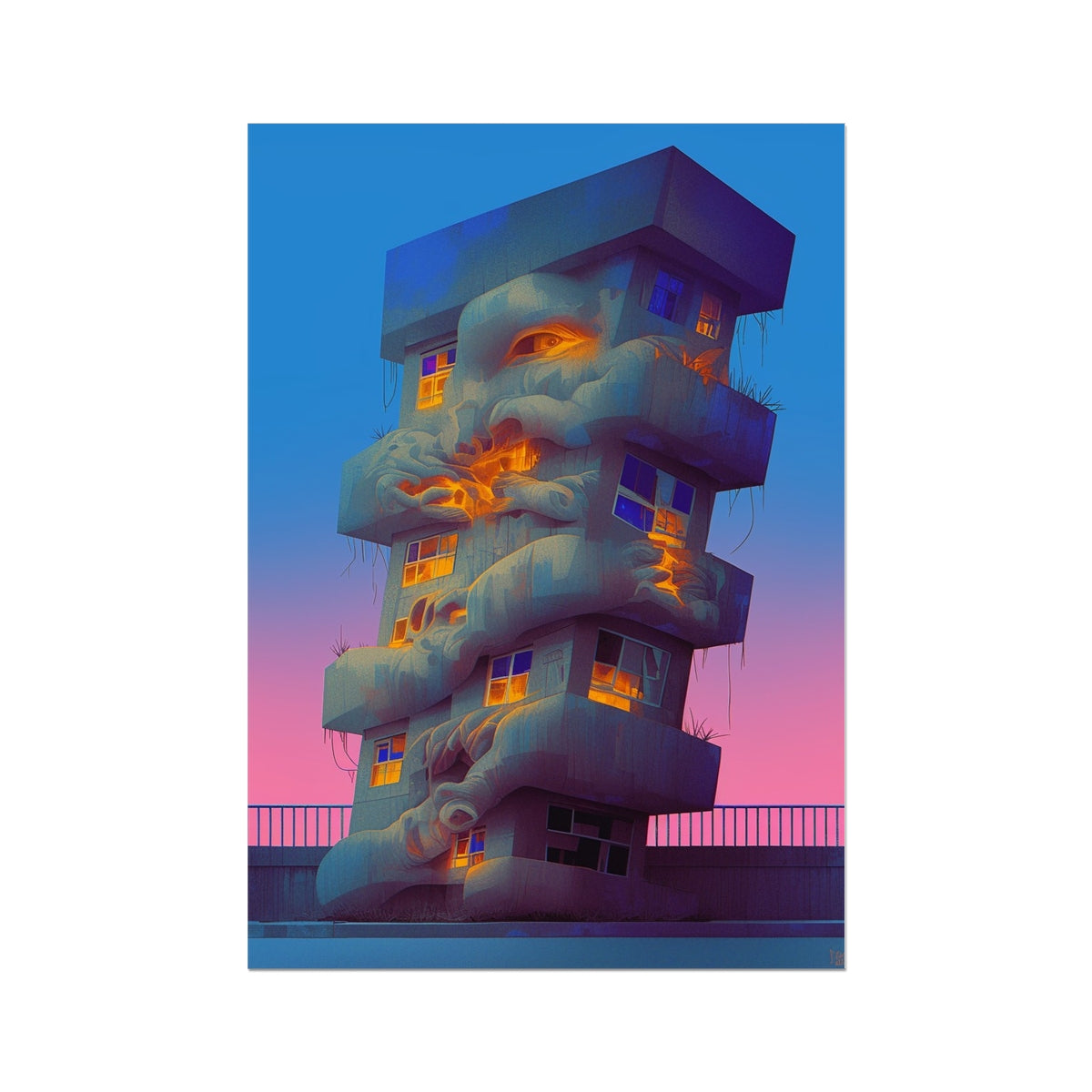Brutalist tower wrapped in gnarled root-like growths with a glowing orange eye and embers through cracked windows, warm-lit interior against a blue-to-pink dusk sky; surreal dystopian, unframed print.