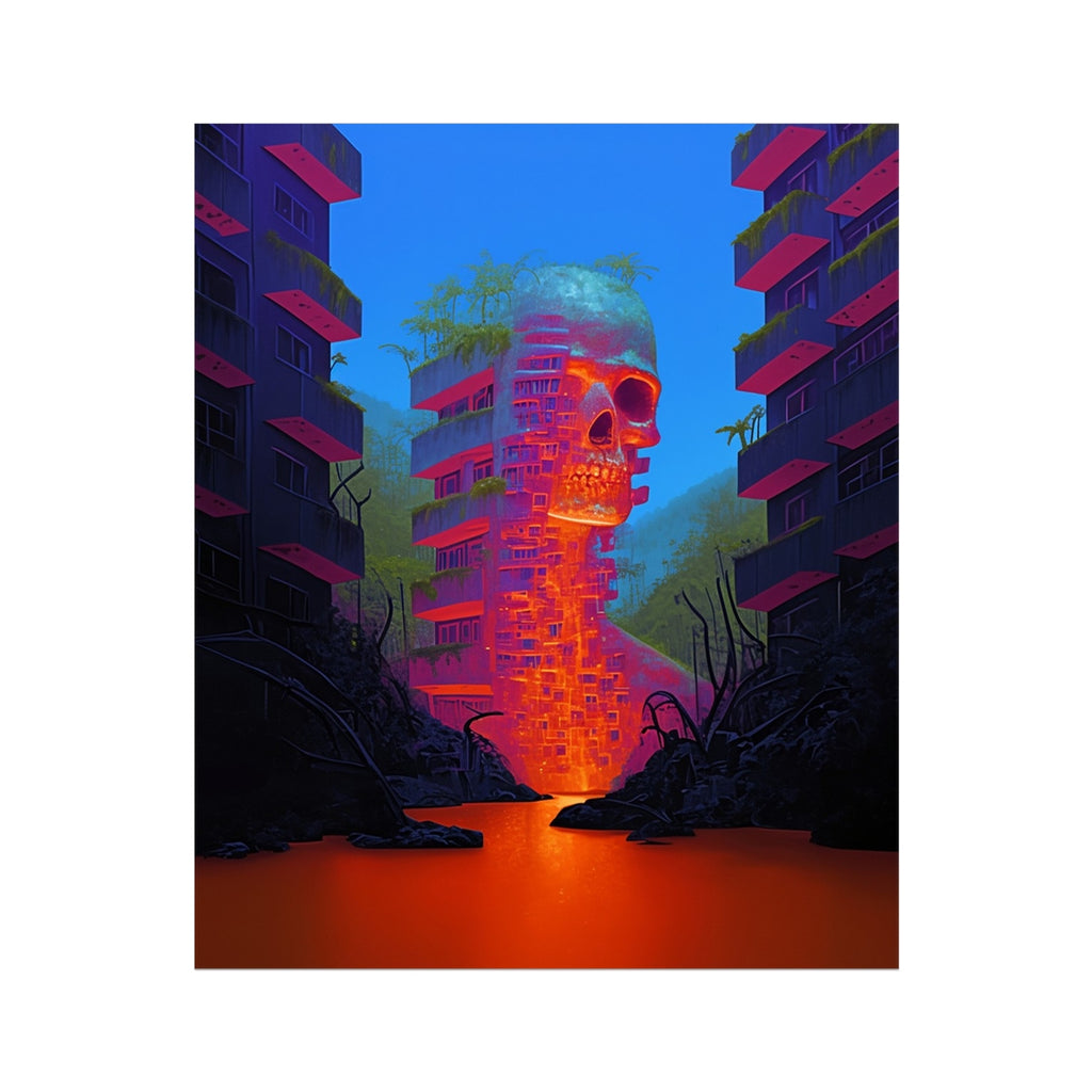 Die Orangenbeleuchtete Schädelstadt Hahnemühle Photo Rag Druck – Dunkler Kunstdruck by Soulkeeper2099