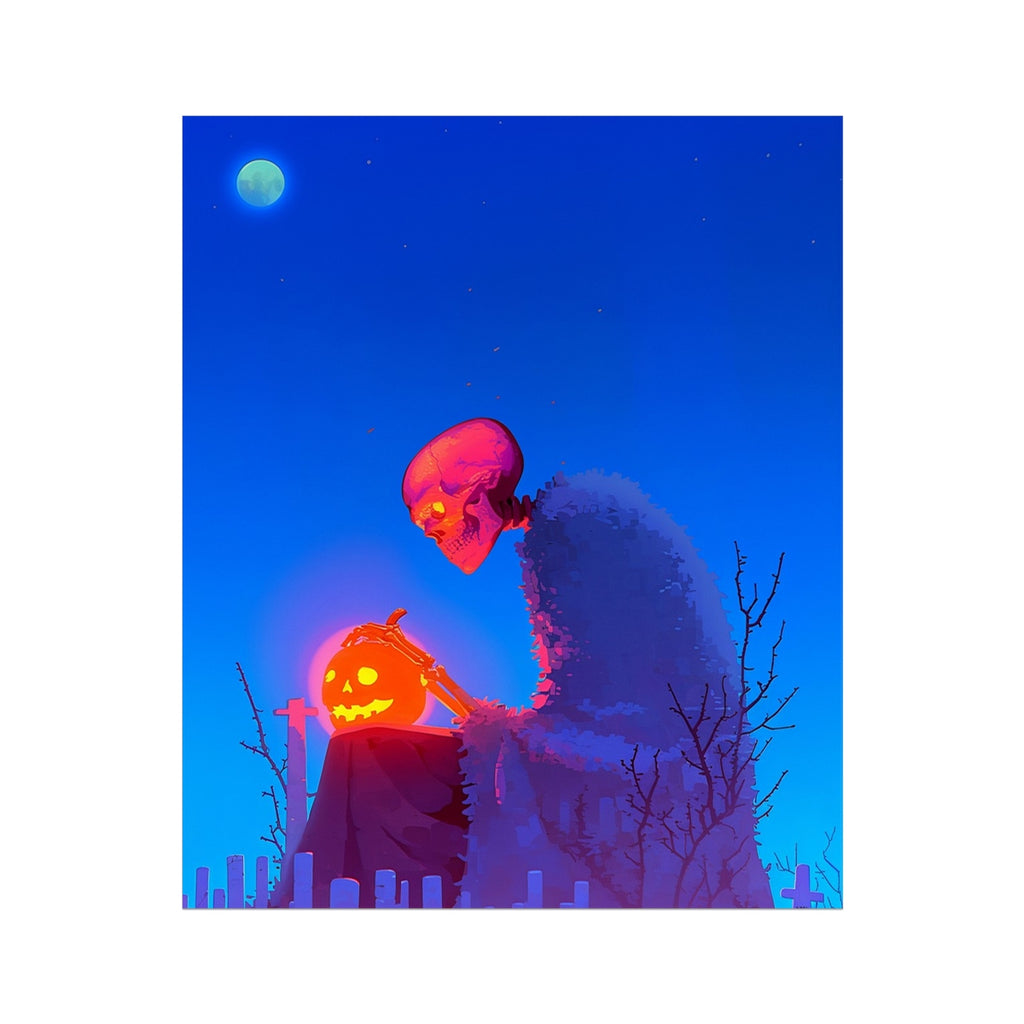 A Smile Beyond the Grave — pink skull in a shaggy blue cloak resting its bony hand on a glowing jack-o'-lantern atop a gravestone under a turquoise moon, neon Halloween art print by Soulkeeper.2099