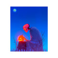 A Smile Beyond the Grave — pink skull in a shaggy blue cloak resting its bony hand on a glowing jack-o'-lantern atop a gravestone under a turquoise moon, neon Halloween art print by Soulkeeper.2099