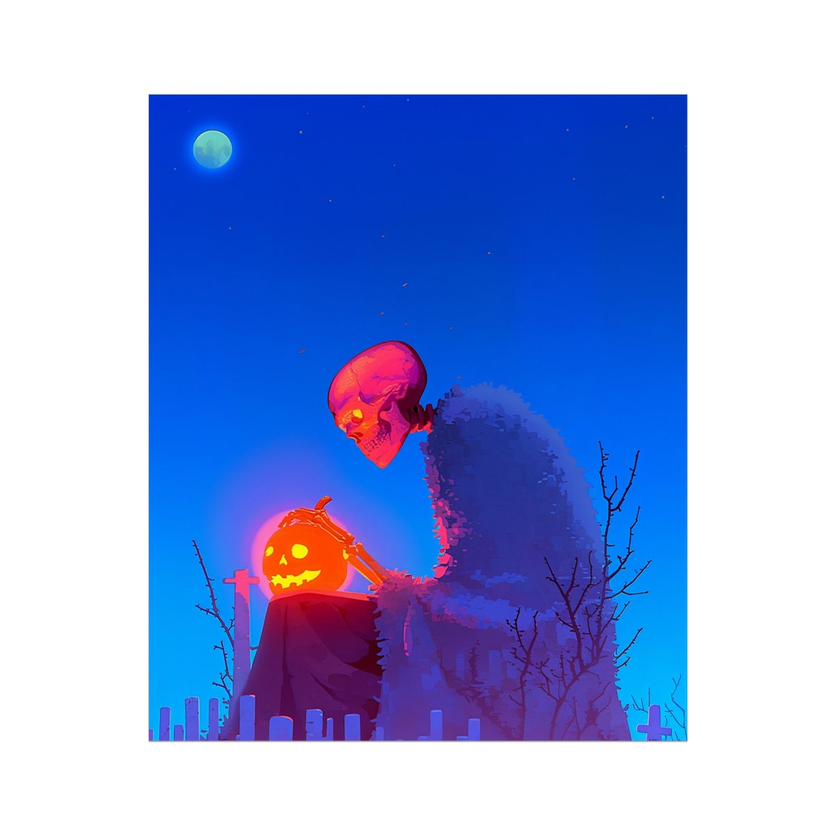 A Smile Beyond the Grave — pink skull in a shaggy blue cloak resting its bony hand on a glowing jack-o'-lantern atop a gravestone under a turquoise moon, neon Halloween art print by Soulkeeper.2099